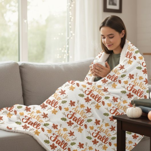 Throw Blanket with Hello Fall Pattern and Autumn シェルパブランケット