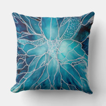 Throw Cushion -  Alcohol Ink Art Blue White Flower