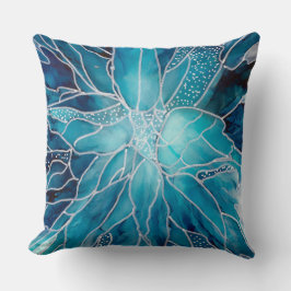 Throw Cushion - Alcohol Ink Art Blue White Flower クッション