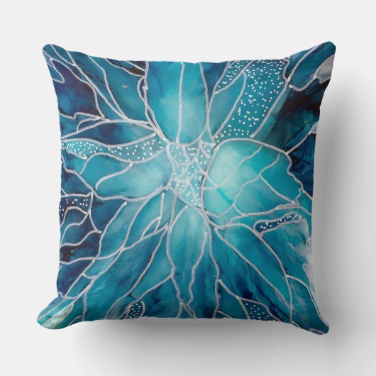 Throw Cushion -  Alcohol Ink Art Blue White Flower クッション (正面)