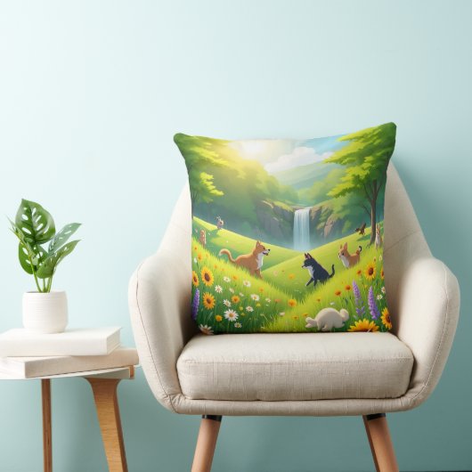 Throw Pillow Blooming Green Fields & Waterfall Ser クッション (椅子)