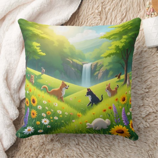 Throw Pillow Blooming Green Fields & Waterfall Ser クッション (ブランケット)