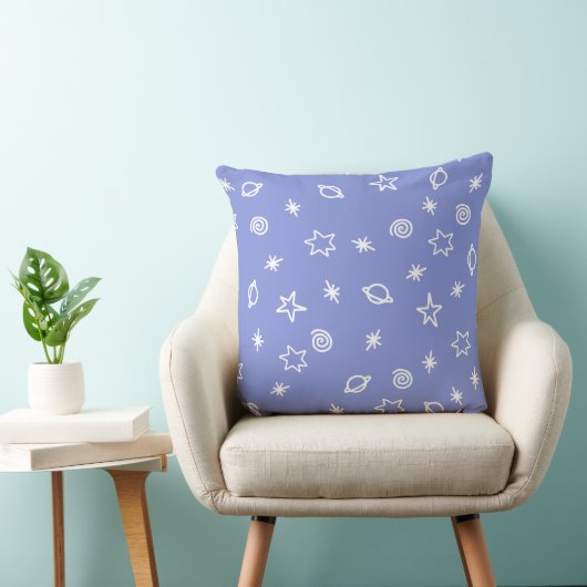 Throw Pillow Blue Space Doodle Stars Planets クッション (椅子)