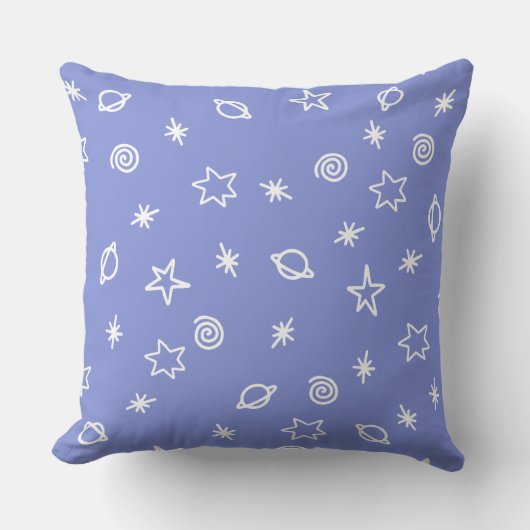 Throw Pillow Blue Space Doodle Stars Planets クッション (正面)