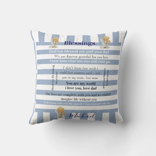 Throw Pillow Blue & White Stripe Blessings  クッション (裏面)