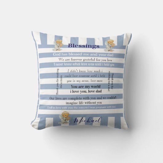 Throw Pillow Blue & White Stripe Blessings  クッション (正面)