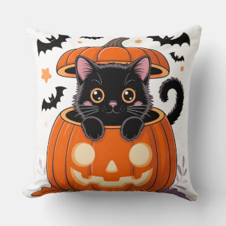 Throw Pillow – Cute Black Cat in Pumpkin Halloween クッション