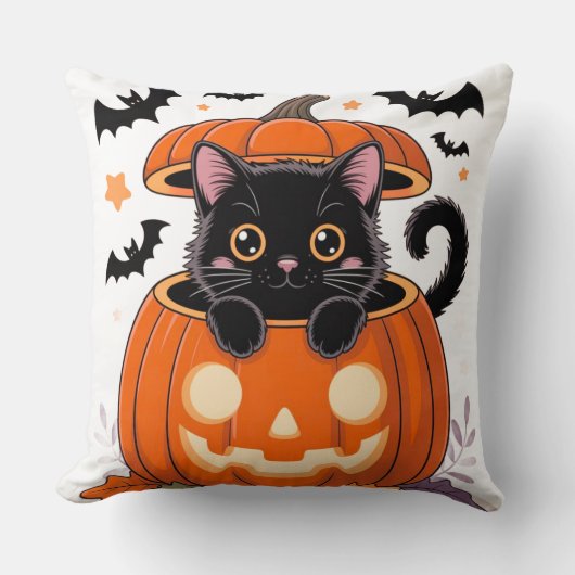 Throw Pillow – Cute Black Cat in Pumpkin Halloween クッション (正面)