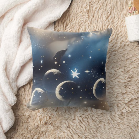 Throw Pillow - Dusty Blue Celestial Moon クッション (ブランケット)