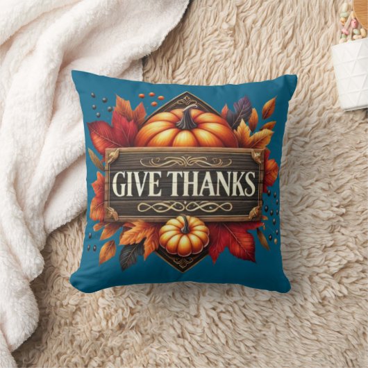 Throw Pillow give thanks pumpkin  クッション (ブランケット)