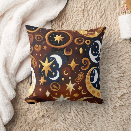 Throw Pillow – Golden Ochre Celestial Moon Pattern クッション (ブランケット)