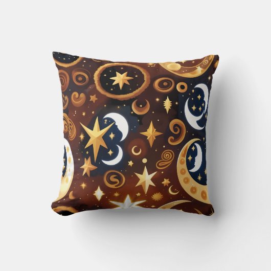 Throw Pillow – Golden Ochre Celestial Moon Pattern クッション (正面)