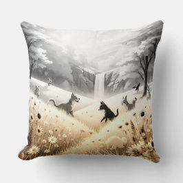 Throw Pillow Golden Yellow Flowers & Flowing Water クッション