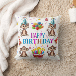 Throw Pillow, Happy Birthday Monkey Cupcake クッション