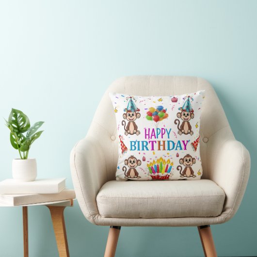 Throw Pillow, Happy Birthday Monkey Cupcake クッション (椅子)