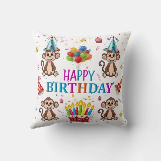 Throw Pillow, Happy Birthday Monkey Cupcake クッション (裏面)