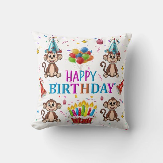 Throw Pillow, Happy Birthday Monkey Cupcake クッション (正面)