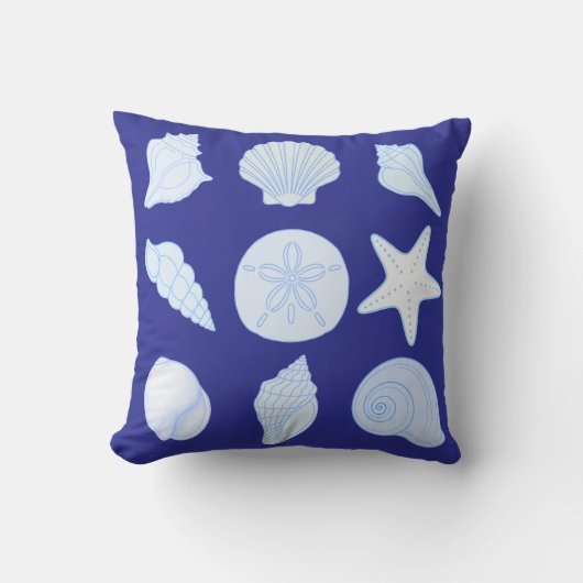 Throw Pillow in ocean blue with seashells クッション (正面)