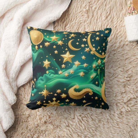 Throw Pillow – Luxury Emerald Celestial Moon クッション (ブランケット)