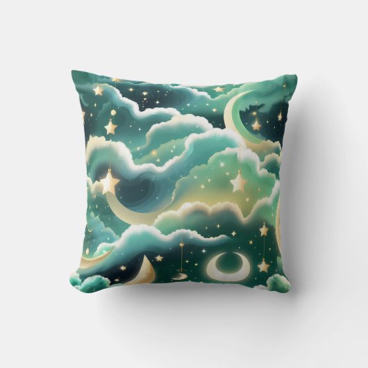 Throw Pillow – Luxury Mint Green Celestial Moon クッション (正面)
