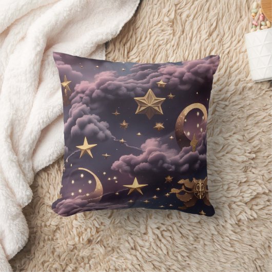 Throw Pillow – Luxury Smoky Plum Celestial Moon クッション (ブランケット)