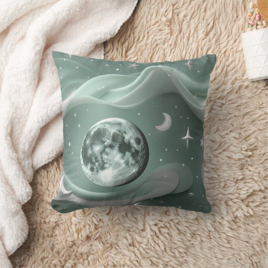 Throw Pillow - Mint Green Celestial Moon クッション (ブランケット)