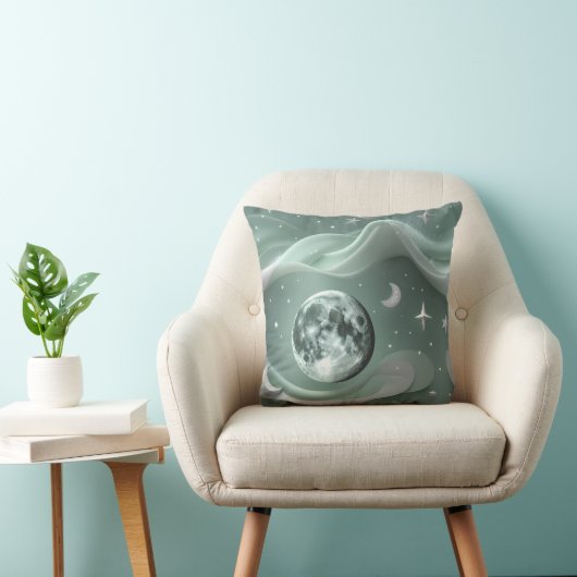 Throw Pillow - Mint Green Celestial Moon クッション (椅子)