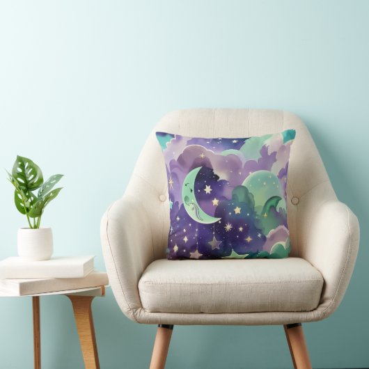 Throw Pillow - Mint Green Lilac Celestial Moon クッション (椅子)