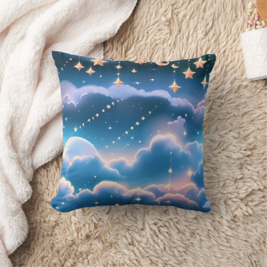 Throw Pillow - Pastel Blue Celestial Moon クッション (ブランケット)