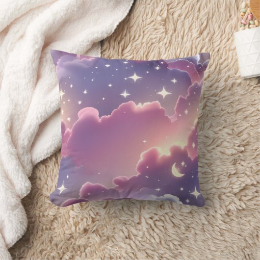 Throw Pillow - Pastel Pink Lavender Celestial Moon クッション (ブランケット)
