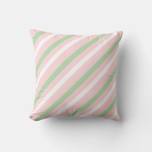 Throw Pillow Pink & White Grey Soft Green Stripe クッション (正面)