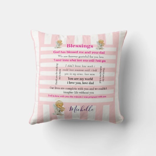 Throw Pillow Pink & White Stripe Blessings  クッション (裏面)