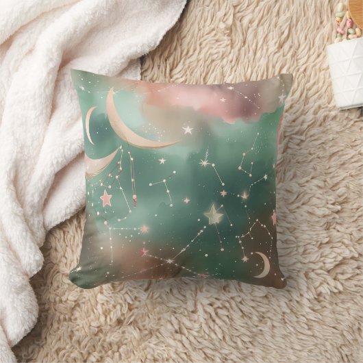 Throw Pillow - Sage Green Blush Celestial Moon クッション (ブランケット)