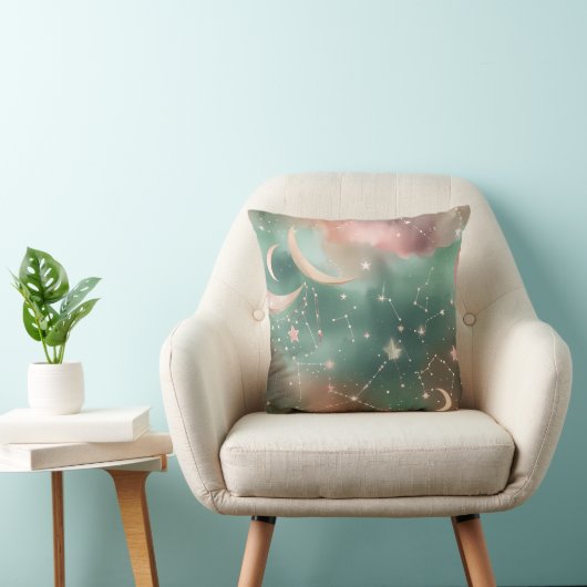 Throw Pillow - Sage Green Blush Celestial Moon クッション (椅子)