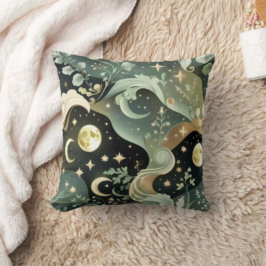 Throw Pillow – Sage Green Celestial Moon クッション (ブランケット)