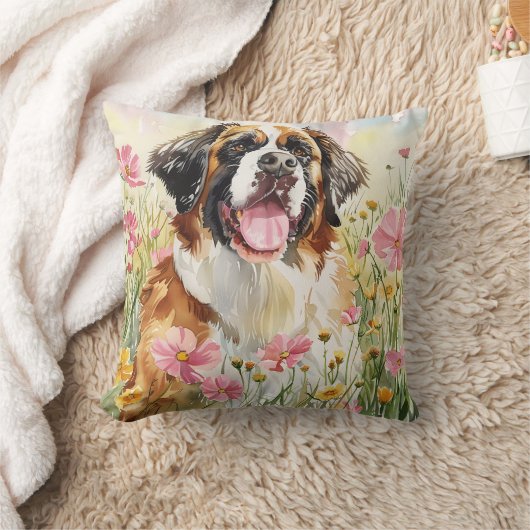 Throw Pillow – Saint Bernard Watercolor Pillow クッション (ブランケット)