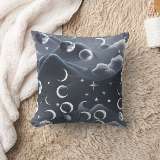 Throw Pillow - Sky Grey Celestial Moon Phases クッション (ブランケット)