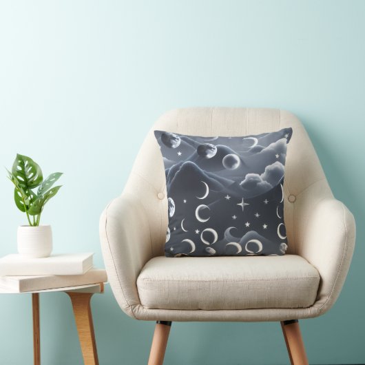 Throw Pillow - Sky Grey Celestial Moon Phases クッション (椅子)