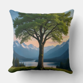 Throw Pillow Tree, Green Land, Sea, Sky & Mountain クッション