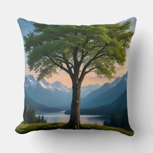 Throw Pillow Tree, Green Land, Sea, Sky & Mountain クッション (正面)