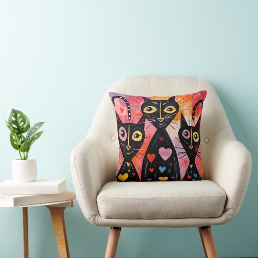 Throw Pillow Valentine's Day Cat Red Hearts クッション (椅子)