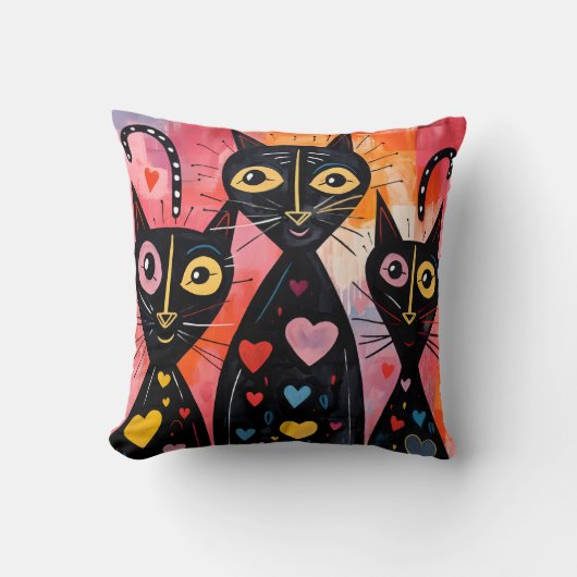 Throw Pillow Valentine's Day Cat Red Hearts クッション (正面)