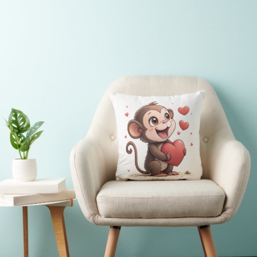 Throw Pillow Valentine's Day Monkey Red Hearts クッション (椅子)