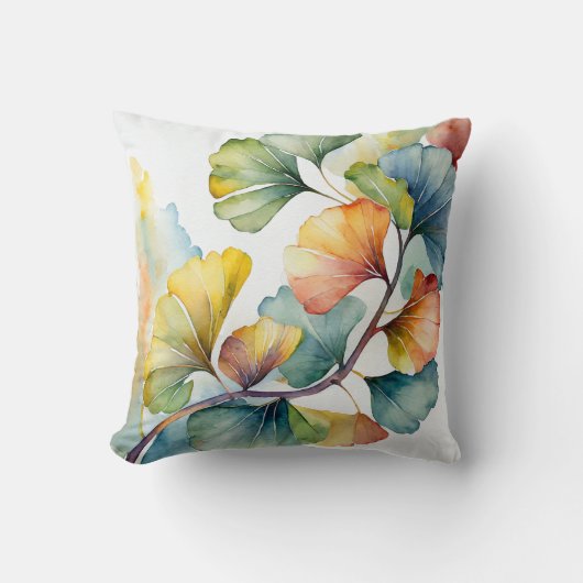 Throw Pillow | Watercolor Gingko Leaves  クッション (正面)