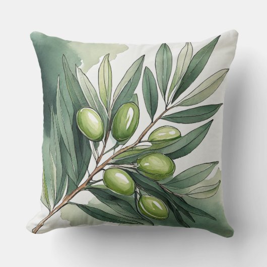 Throw Pillow | Watercolor Olive Branch III クッション (正面)