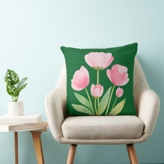 Throw Pillow Watercolor Spring Flowers on Green クッション