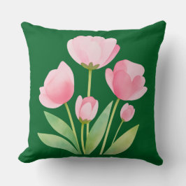 Throw Pillow Watercolor Spring Flowers on Green クッション