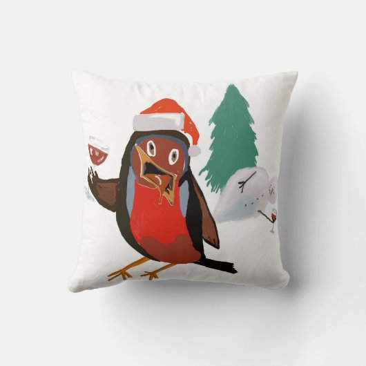 Throw pillow with Christmas Cheers Robin design クッション (裏面)