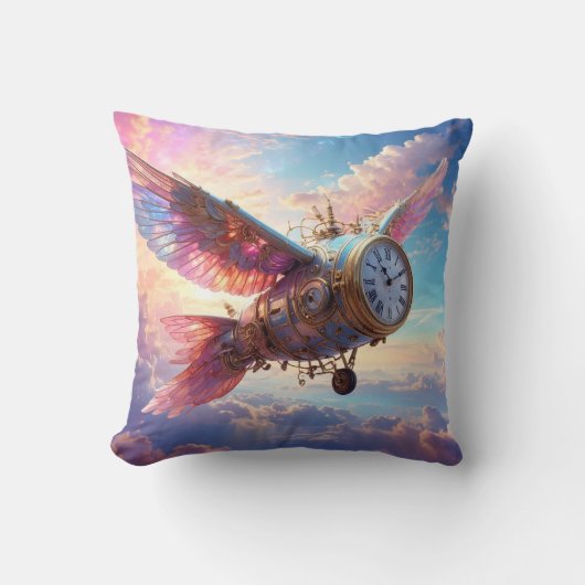 Throw pillow with fantastical wing with clock face クッション (正面)