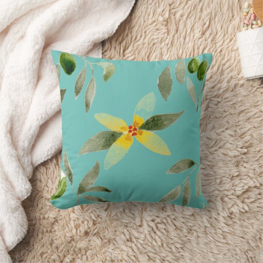 Throw pillow with olive design on light teal クッション (ブランケット)